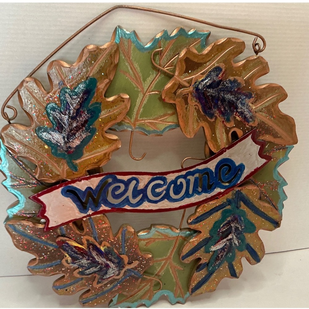 Autumn Metal Leaf Welcome Wreath Glitter Fall Door Decor 14in Rustic